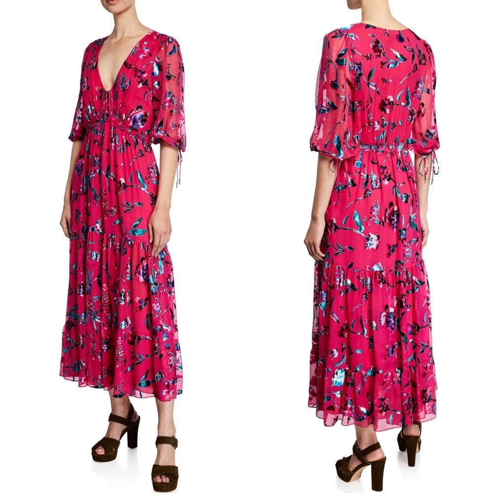 TANYA TAYLOR DULCE FLORAL BURNOUT SILK VELVET 3/4 SLEEVE TIERED MIDI DRESS